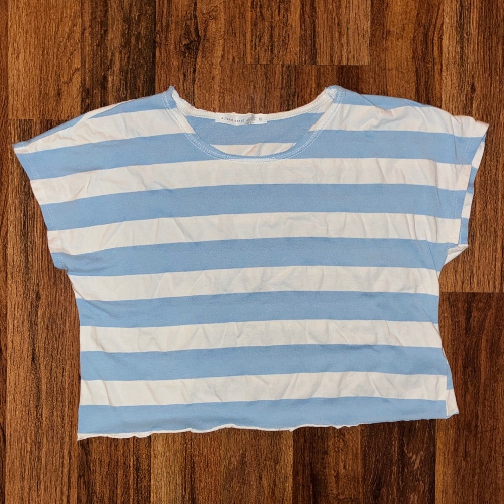Altar'd State Womens Blue White Striped Short Sleeve Cropped T-Shirt Size M